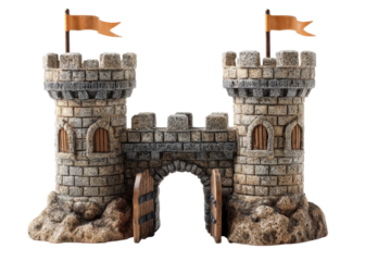 Toy castle with two towers, archway, flags, stone walls, wooden doors, isolated on transparent background, fantasy, game, history.
