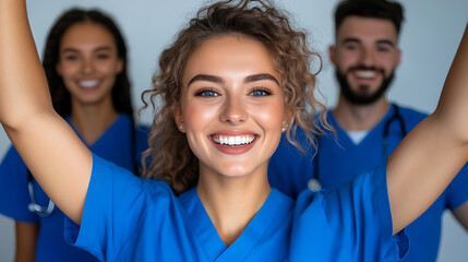 Smiling Healthcare Professionals Celebrate Teamwork in a Modern Hospital Setting During Daytime