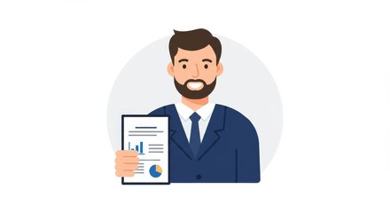 Cartoon businessman presenting data report with graph chart information