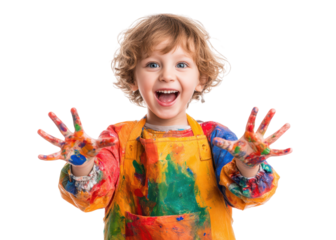 Excited young boy covered in colorful paint wearing an apron, showing painted hands, isolated on transparent background, art, creativity, childhood.