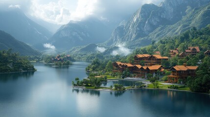 Naklejka premium Serene Mountain Lake Resort: Breathtaking View of Wooden Chalets Nestled Amongst Lush Greenery and Majestic Mountains