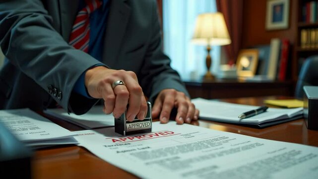 A person in a suit stamps the word "APPROVED" on an official document at a desk in an office setting.