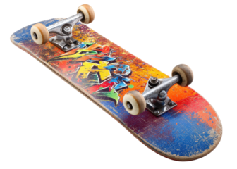 Used skateboard with colorful graffiti art isolated on transparent background, sport, youth, urban.