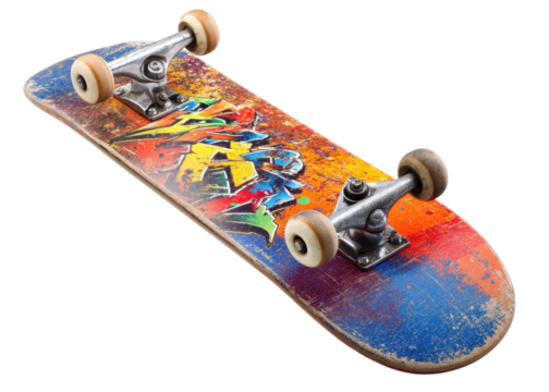 Used skateboard with colorful graffiti art isolated on transparent background, sport, youth, urban.