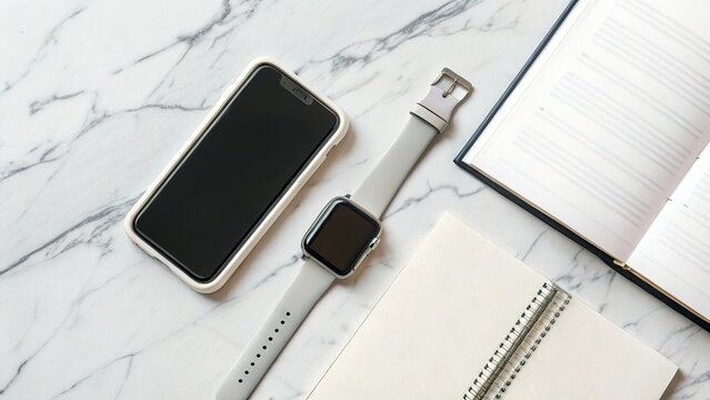 Flat lay of tech devices smartphone smartwatch and documents on marble workspace. - Powered by Adobe
