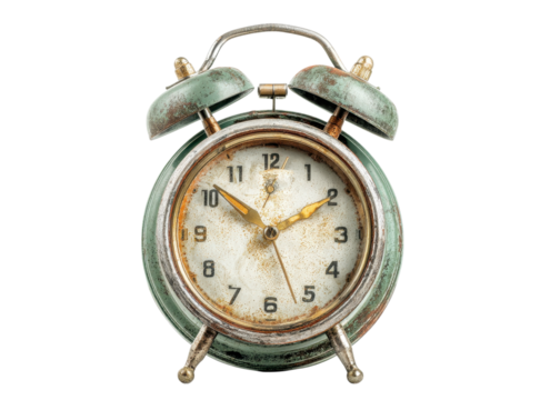 Old rusty green alarm clock isolated on transparent background, time, deadline, vintage.
