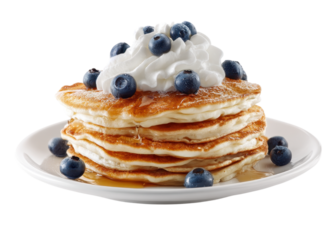 Stack of pancakes topped with blueberries, whipped cream, and syrup, isolated on transparent background, breakfast, dessert, food.