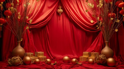 A Festive Red and Gold Chinese New Year Display with Lantern and Ornaments