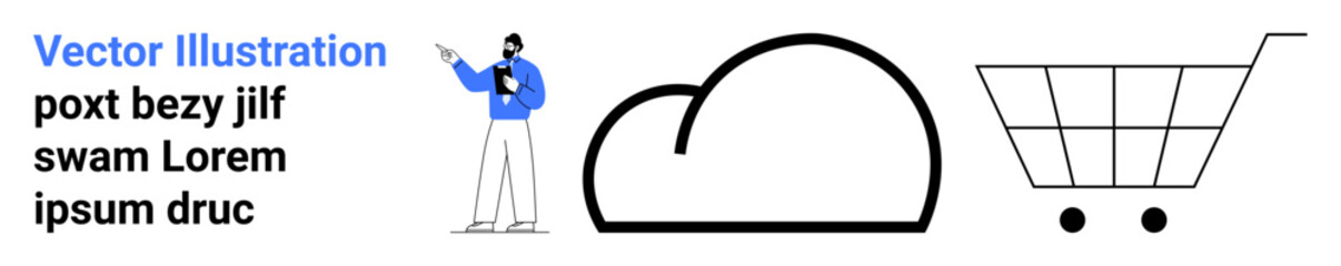 Man pointing at text, large cloud shape, shopping cart. Ideal for e-commerce, cloud service, data management, online shopping, consumer behavior, business simple landing page