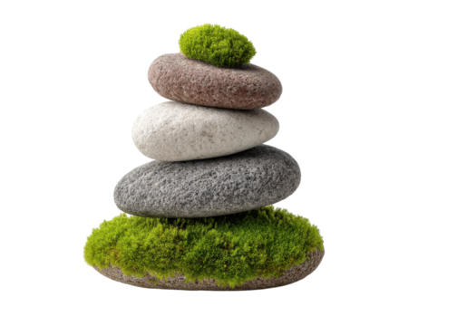 Stack of stones with moss isolated on transparent background. Balance, Zen, Nature. - Powered by Adobe