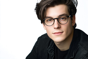 Obraz premium Close-up of a man wearing glasses on a white background, a man wearing glasses looks up