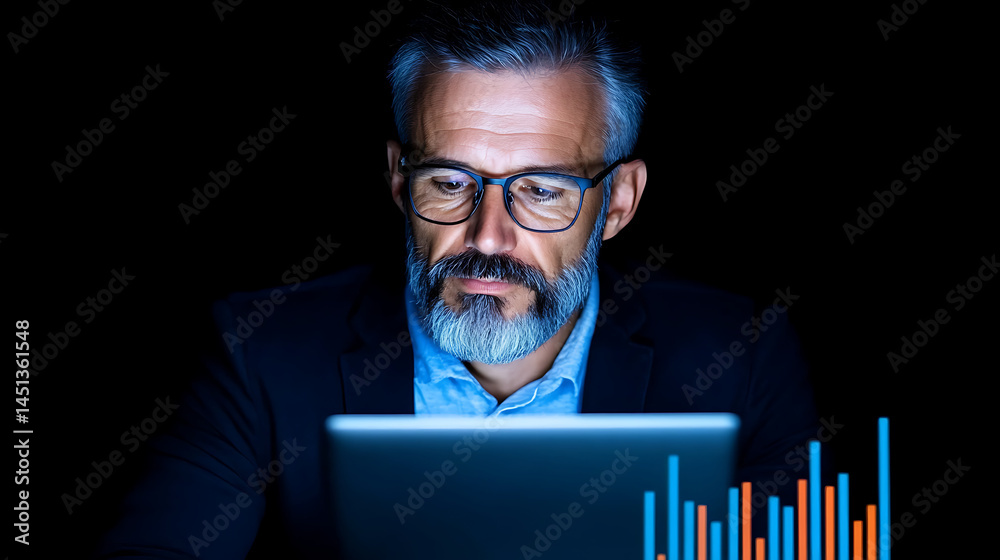 Poster man with glasses uses tablet in dark setting while analyzing data with blue and orange bars in the f