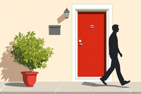 business metaphor of decision making with red door, walking figure, vector style