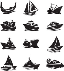 Set of silhouette logo of Ships, gondola and naval