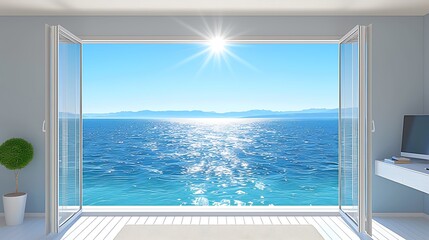Idyllic ocean view from a modern minimalist room with open folding doors