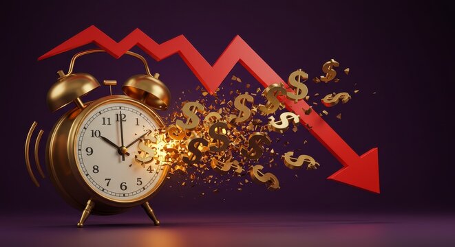 Financial crisis concept with time is money running out and market crash