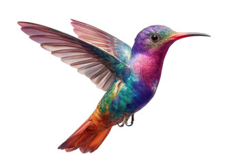 Fototapeta premium Colorful hummingbird flying with outstretched wings, isolated on transparent background, nature, wildlife, bird