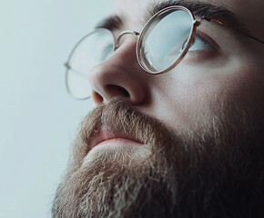 Close-up of a man wearing glasses on a white background, a man wearing glasses looks up