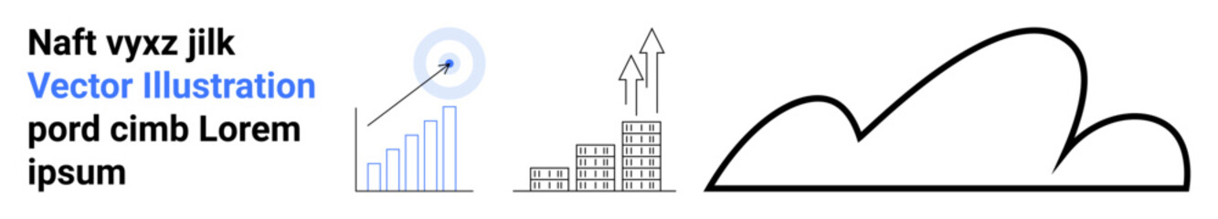 Bar chart with growth arrow, buildings, and abstract cloud art reflecting progress, innovation, and technology. Ideal for business, analytics, development, technology growth strategy future trends