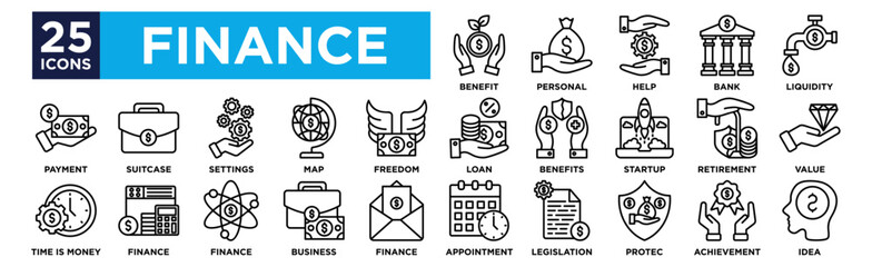 Finance icon collection set. Containing design Benefit ,Personal ,Help ,Bank ,Liquidity