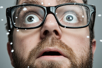 Close-up of a man wearing glasses on a white background, a man wearing glasses looks up