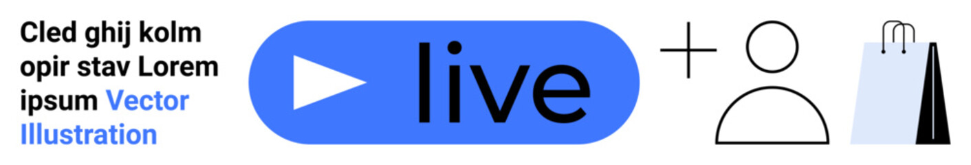 Play button with live text, user figure, shopping bag, and abstract shapes. Ideal for live broadcasting, online shopping, digital marketing, user interaction, e-commerce branding social media