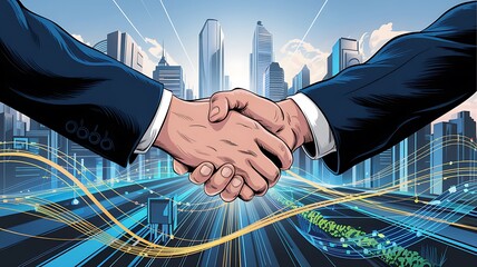 Strategic Partnership A Handshake Representing Modern Business Collaboration and Urban Development in the Technological Age
