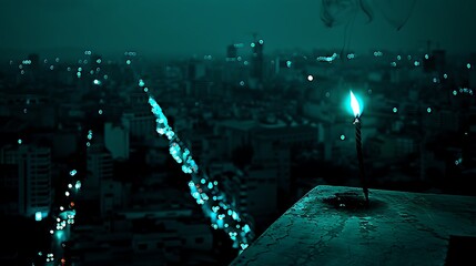 Solitary Candlelight Glimmering Over a Dark Cityscape at Night Time