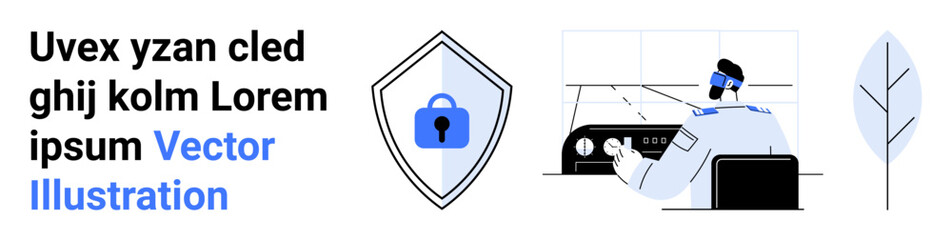 Shield with padlock for data protection, specialist working on security system monitoring. Ideal for cybersecurity, data privacy, technology, business, IT solutions, online safety, flat landing page