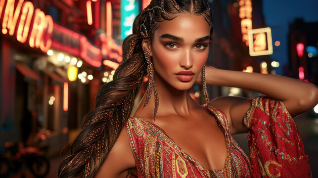 Captivating Woman on City Street: A striking woman, with intricate braided hair, gazes confidently at the camera, her beauty enhanced by the vibrant city lights of a bustling street scene.