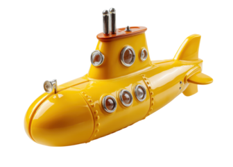 Bright yellow toy submarine with periscopes and windows, isolated on transparent background, underwater, exploration, journey.