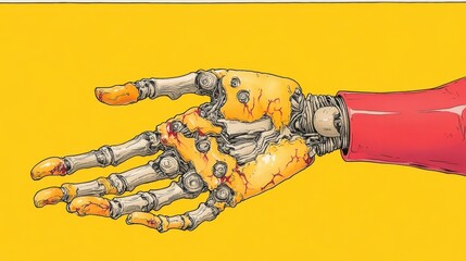 Damaged Robotic Hand on Yellow Background