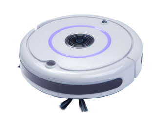 White robotic vacuum cleaner with purple light ring isolated on transparent background, smart home, technology, automation.