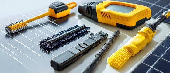 Solar panel cleaning tools for maintenance tasks.