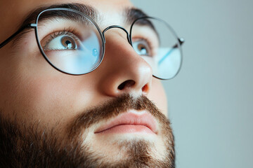 Close-up of a man wearing glasses on a white background, a man wearing glasses looks up