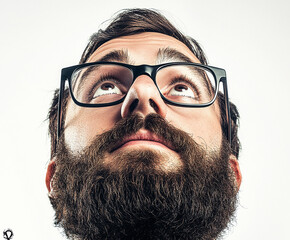 Close-up of a man wearing glasses on a white background, a man wearing glasses looks up