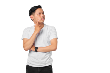 Pensive young Asian man with a serious face thinking about a question, thoughtful about confusing idea isolated on transparent background