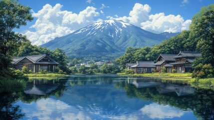 Obraz premium Serene lakeside view of traditional japanese houses with majestic mountain backdrop