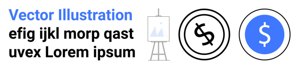 Obraz premium Dollar signs in circle outlines, easel with graph, and placeholder text. Ideal for finance, marketing, economy, strategy, training, presentations planning abstract line flat metaphor