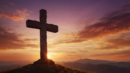 salib yesus kristus pada stok foto yang menakjubkan dengan latar belakang matahari terbenam cocok untuk latar belakang
