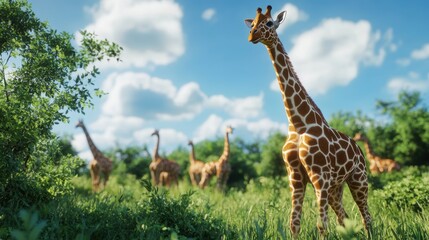 Fototapeta premium Majestic giraffes roaming in a vibrant landscape.