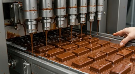 Chocolate Bars Being Coated on Production Line