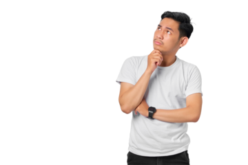 Pensive young Asian man with a serious face thinking about a question, thoughtful about confusing idea isolated on transparent background