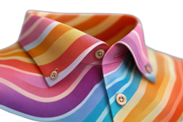 Colorful shirt with button on collar, vibrant hues, and detailed stitching, isolated on transparent background.