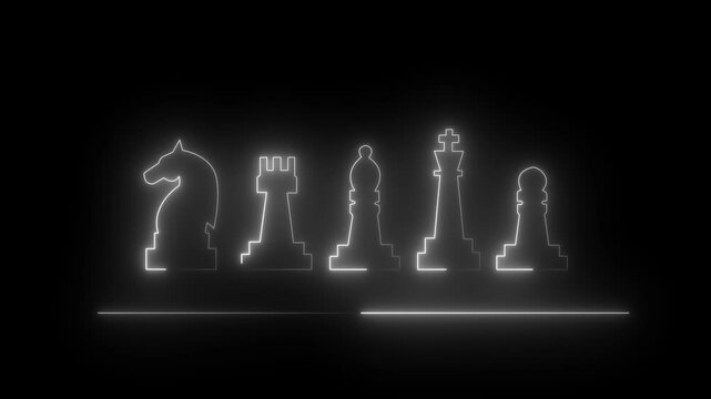 Set of chess figures on black background. Simple neon white outline. 4k animation.