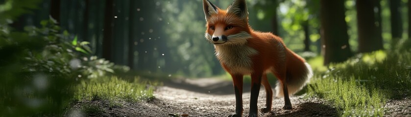 Fototapeta premium A curious fox in a serene forest setting.