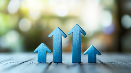 Blue arrows pointing upwards, a growing graph or growth concept on a light background an arrow up symbol for business success and development with copy space