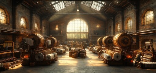 Sunlit Industrial Grandeur: A Textile Mill's Golden Hour