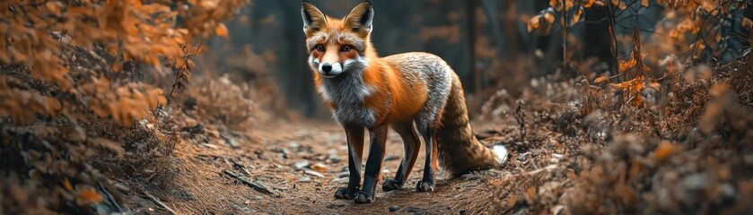 Obraz premium A majestic fox stands in a forest path.