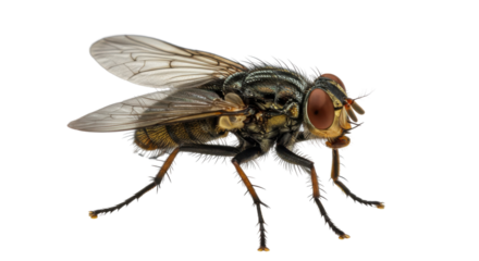 Detailed close-up photo of a common House Fly isolated on clean white background